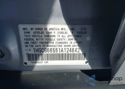 2001 Honda Accord 2.3 Lx from USA, damaged, VIN 1HGCG66561A124642